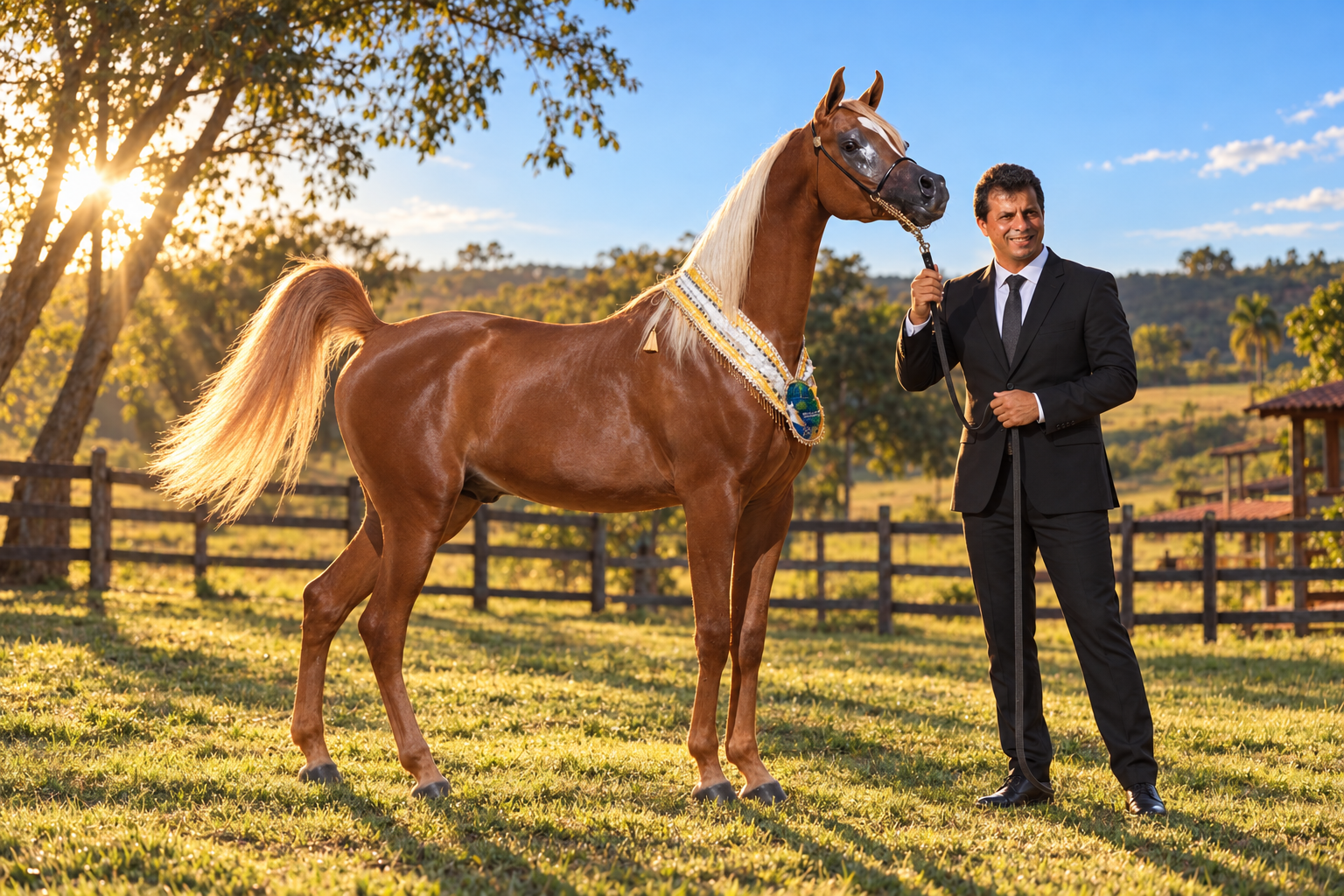 Duda de terno ao lado de um cavalo árabe premiado no campo